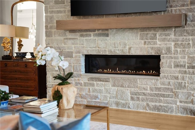 room details featuring a fireplace and wood finished floors