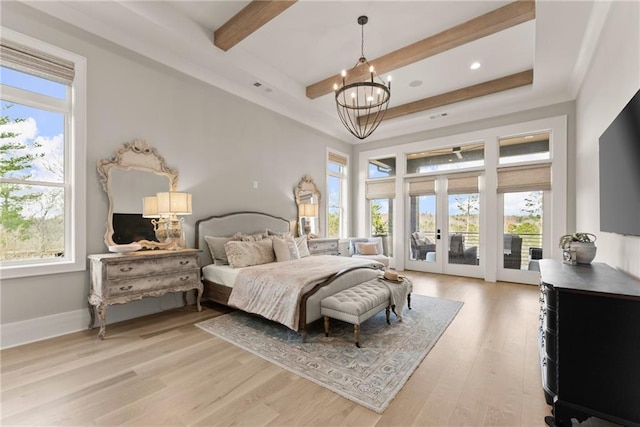 bedroom featuring beam ceiling, access to outside, light wood finished floors, baseboards, and a chandelier