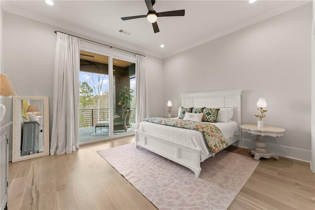 bedroom with access to outside, light wood-style flooring, visible vents, and baseboards