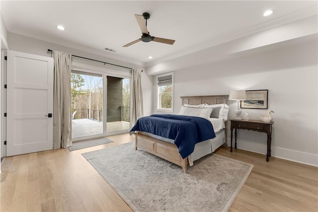 bedroom with light wood-type flooring, visible vents, access to outside, recessed lighting, and baseboards