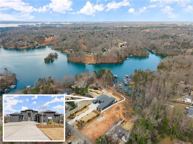 bird's eye view featuring a view of trees and a water view