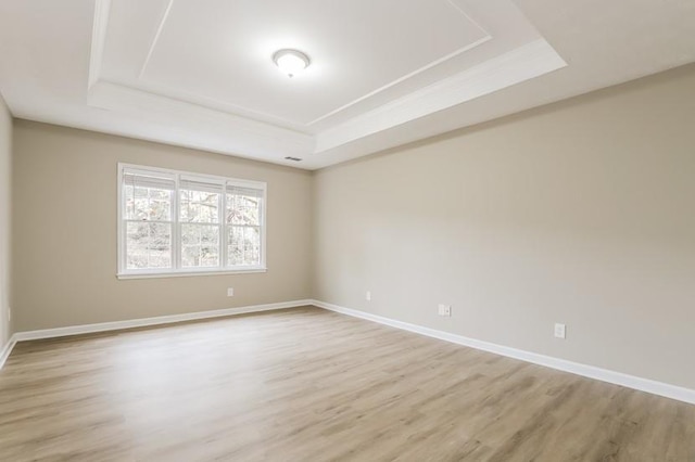 empty room featuring light hardwood / wood-style floors and a raised ceiling