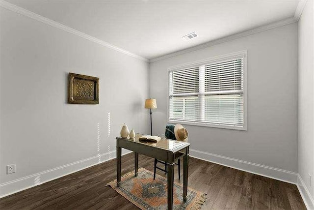 office space featuring baseboards, ornamental molding, and dark wood-type flooring