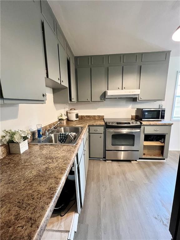 kitchen featuring a sink, light wood-style floors, under cabinet range hood, and appliances with stainless steel finishes