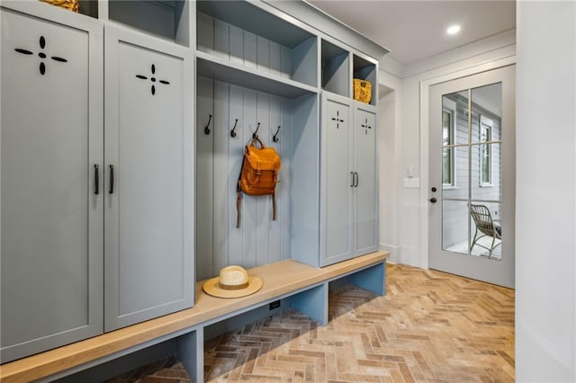 mudroom with light parquet flooring