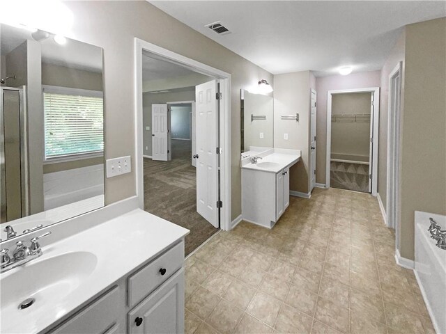 bathroom with separate shower and tub and vanity