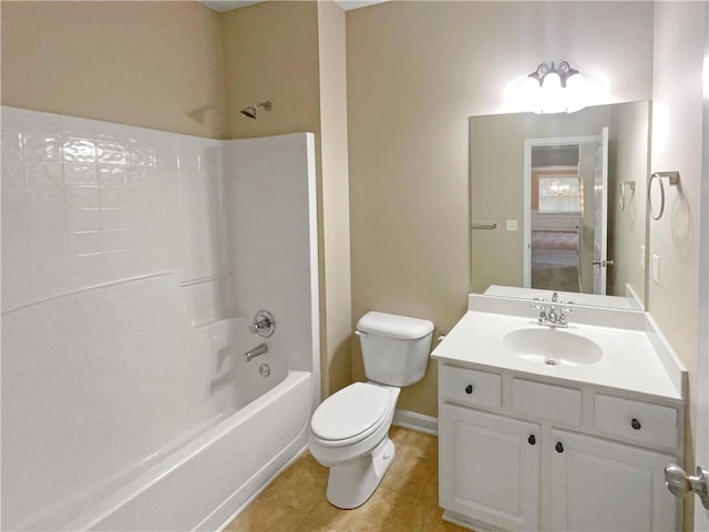 full bathroom featuring toilet, shower / bath combination, tile patterned floors, and vanity