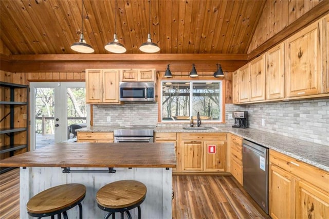 60 Laurel Ridge Ct, Ellijay, GA 30540 - kitchen featuring appliances with stainless steel finishes, a sink, butcher block counters, dark wood finished floors, and french doors