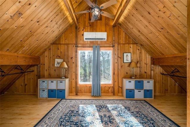 60 Laurel Ridge Ct, Ellijay, GA 30540 - additional living space featuring an AC wall unit, wood finished floors, wood walls, wood ceiling, and ceiling fan