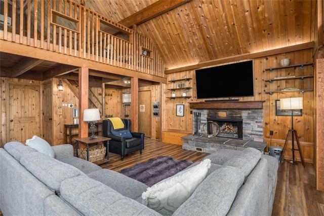 60 Laurel Ridge Ct, Ellijay, GA 30540 - living area featuring wood ceiling, wood finished floors, wood walls, and a stone fireplace