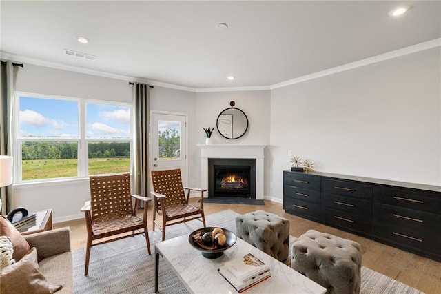 476 Village Ln, Fairburn, GA 30213 - living area with a fireplace with flush hearth, ornamental molding, baseboards, recessed lighting, and light wood-style floors