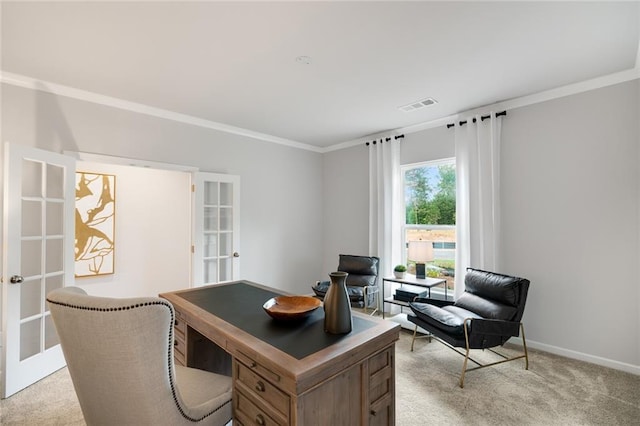 476 Village Ln, Fairburn, GA 30213 - office area featuring french doors, light carpet, crown molding, and baseboards