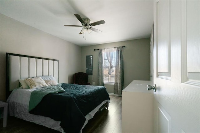 bedroom featuring ceiling fan and dark hardwood / wood-style flooring