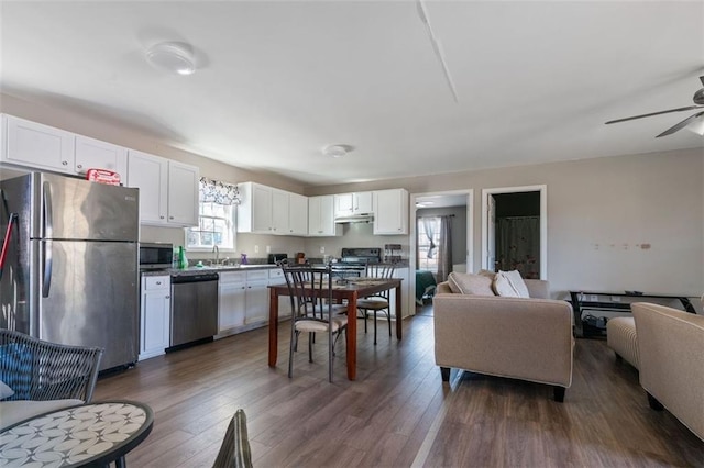 kitchen featuring dark wood-type flooring, appliances with stainless steel finishes, white cabinetry, and ceiling fan