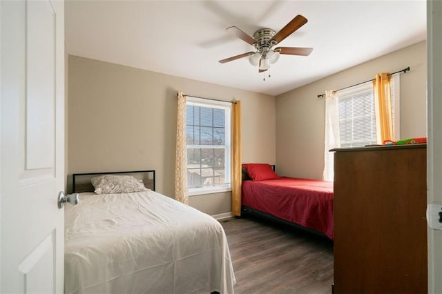 bedroom with ceiling fan, dark hardwood / wood-style flooring, and multiple windows