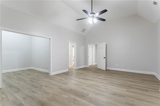 5096 Limerick Ln, Flowery Branch, GA 30542 - unfurnished bedroom with light wood-type flooring, baseboards, high vaulted ceiling, and a ceiling fan