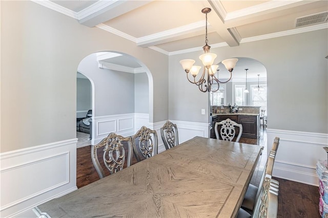 2183 Trinity Grove Ct, Dacula, GA 30019 - dining area with a chandelier, beam ceiling, dark wood finished floors, coffered ceiling, and wainscoting