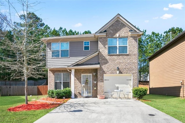 craftsman inspired home featuring brick siding, concrete driveway, an attached garage, fence, and a front lawn