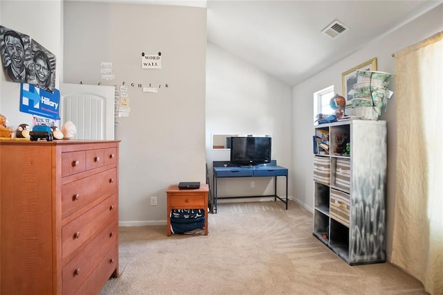 recreation room featuring lofted ceiling, visible vents, light carpet, and baseboards