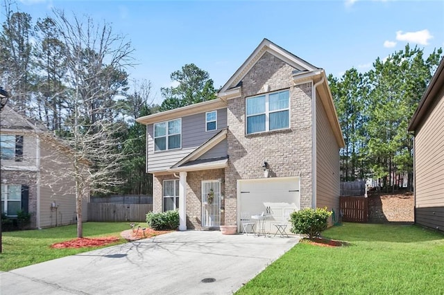 view of front of property featuring an attached garage, brick siding, fence, concrete driveway, and a front yard