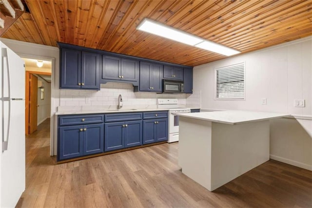 kitchen with sink, blue cabinets, kitchen peninsula, white appliances, and light wood-type flooring