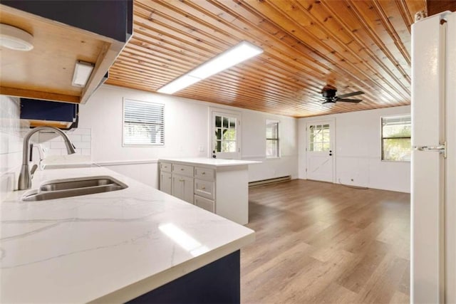 kitchen with wood ceiling, ceiling fan, sink, light hardwood / wood-style flooring, and white cabinetry