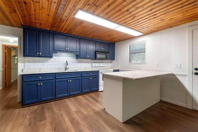 kitchen with kitchen peninsula, blue cabinets, sink, white stove, and light hardwood / wood-style floors