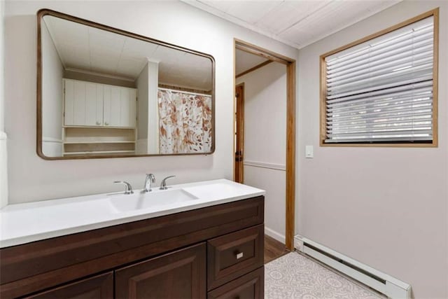 bathroom featuring vanity, hardwood / wood-style flooring, and baseboard heating