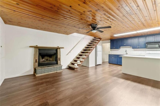 kitchen with decorative backsplash, wood ceiling, ceiling fan, blue cabinetry, and dark hardwood / wood-style floors