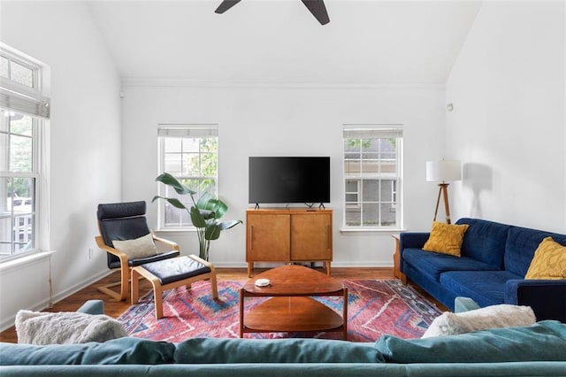747 Dill Ave SW, Atlanta, GA 30310 - living area with vaulted ceiling, plenty of natural light, a ceiling fan, baseboards, and ornamental molding