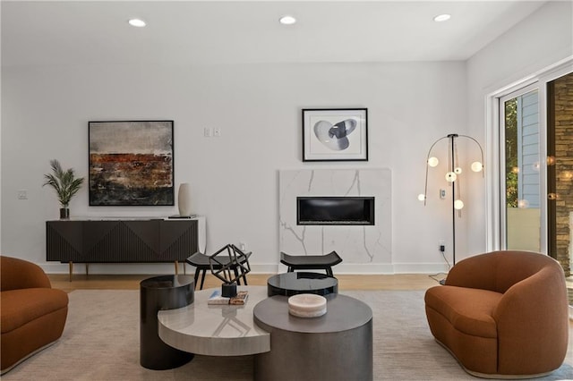 living room featuring light hardwood / wood-style flooring and a premium fireplace