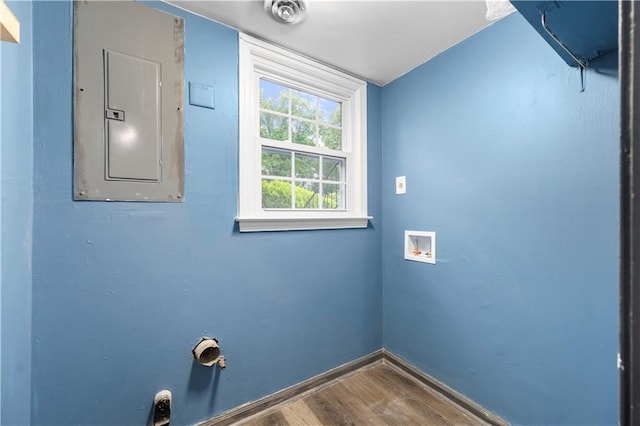 3664 Pin Oak Cir, Atlanta, GA 30340 - laundry room with electric panel, washer hookup, wood finished floors, and baseboards
