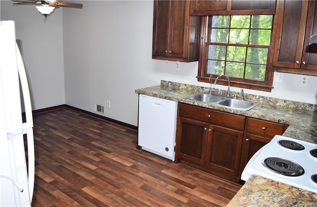 157 Sequoyah Cir, Canton, GA 30115 - kitchen featuring white appliances, a sink, dark wood-style flooring, ceiling fan, and stone counters