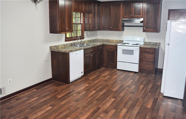 157 Sequoyah Cir, Canton, GA 30115 - kitchen featuring white appliances, a sink, under cabinet range hood, dark wood-style flooring, and baseboards