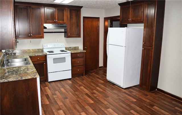 157 Sequoyah Cir, Canton, GA 30115 - kitchen featuring white appliances, a sink, exhaust hood, dark wood-style flooring, and a textured ceiling