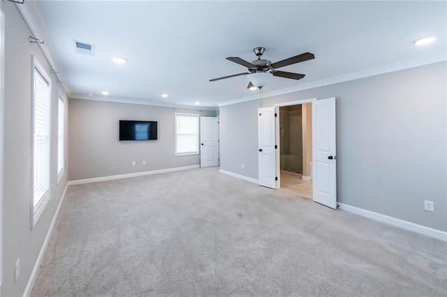 3739 Silvery Way, Powder Springs, GA 30127 - interior space with visible vents, light colored carpet, crown molding, and baseboards