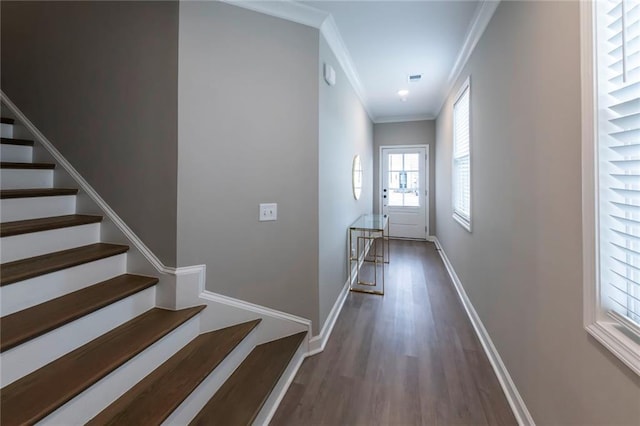 3739 Silvery Way, Powder Springs, GA 30127 - interior space with visible vents, dark wood-style floors, stairway, crown molding, and baseboards