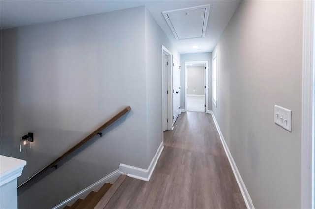 3739 Silvery Way, Powder Springs, GA 30127 - hall featuring an upstairs landing, attic access, baseboards, and wood finished floors