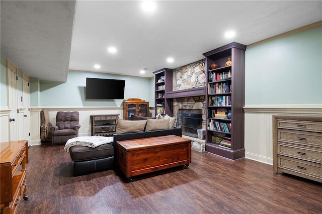 living room featuring dark wood-style floors, a stone fireplace, wainscoting, and recessed lighting