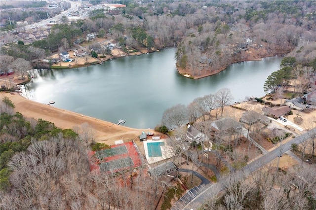 drone / aerial view featuring a water view