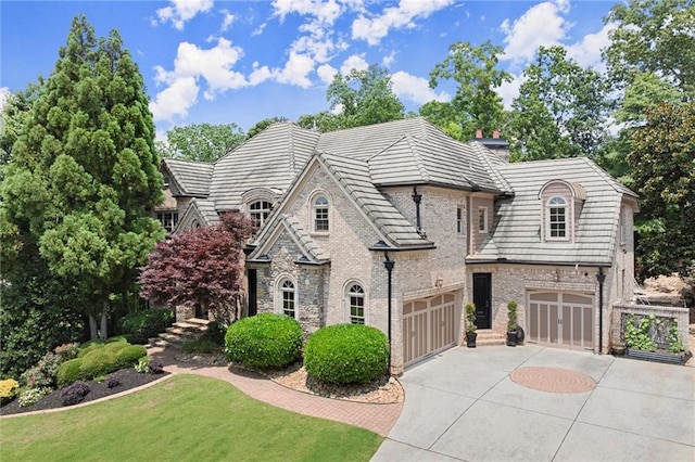 4105 Cougar Pt NE, Marietta, GA 30066 - french provincial home with driveway, a garage, a front lawn, brick siding, and a chimney