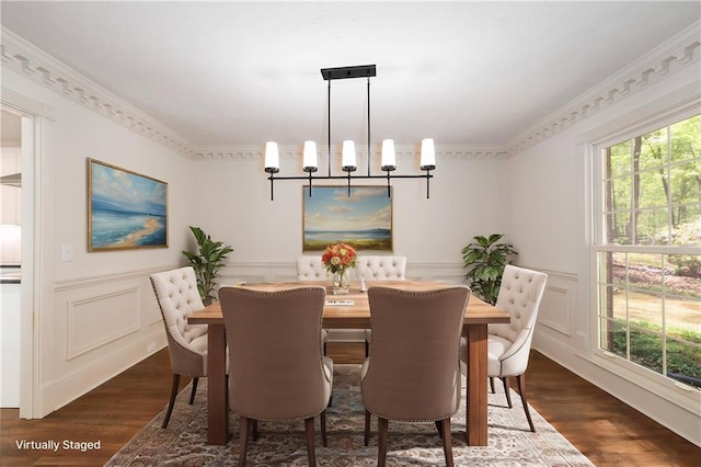 6141 Windsong Way, Smoke Rise, GA 30087 - dining area featuring dark wood-style floors, a decorative wall, a wainscoted wall, crown molding, and a chandelier