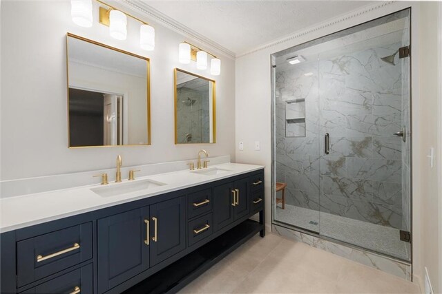 6141 Windsong Way, Smoke Rise, GA 30087 - full bathroom with crown molding, a marble finish shower, and double vanity