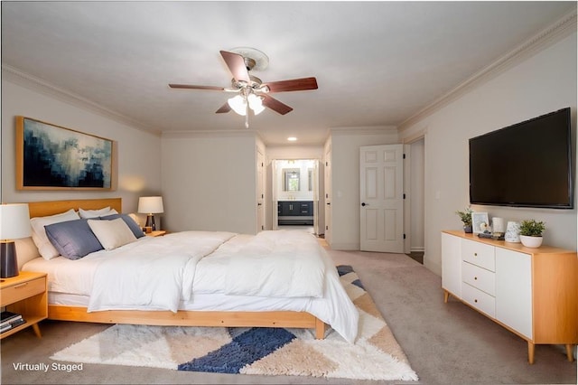 6141 Windsong Way, Smoke Rise, GA 30087 - bedroom featuring ornamental molding, light carpet, ensuite bath, and ceiling fan