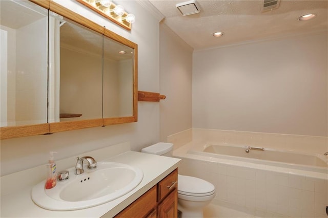 6141 Windsong Way, Smoke Rise, GA 30087 - bathroom featuring a garden tub, vanity, toilet, crown molding, and recessed lighting