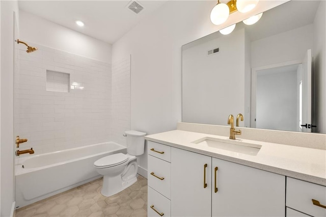 full bathroom with toilet, bathtub / shower combination, vanity, and visible vents