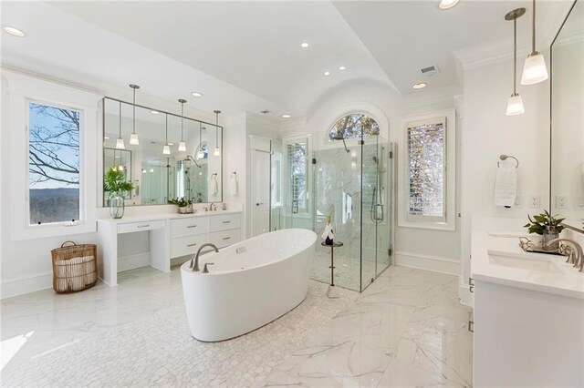 full bath with crown molding, plenty of natural light, marble finish floor, and a marble finish shower