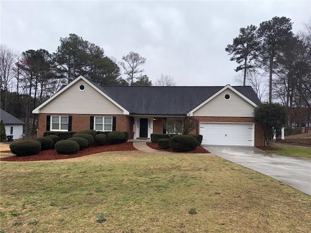 ranch-style house with brick siding, an attached garage, a front lawn, roof with shingles, and driveway