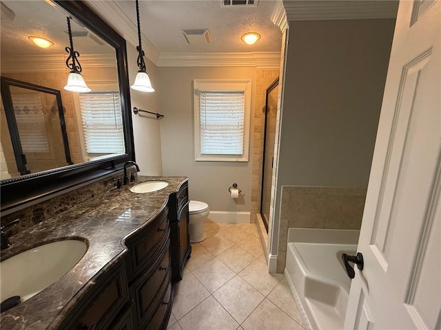 full bath featuring tile patterned floors, toilet, ornamental molding, a sink, and a textured ceiling