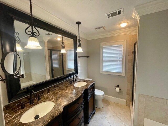 unfurnished bedroom featuring visible vents, baseboards, dark wood finished floors, ornamental molding, and a ceiling fan